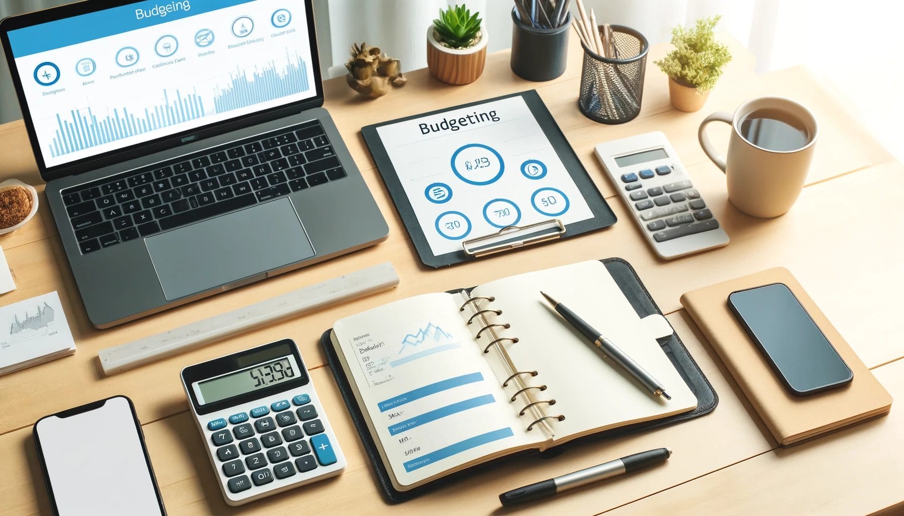 A neatly organized desk with budgeting tools such as a notebook, pen, calculator, and a laptop open to a budgeting app.