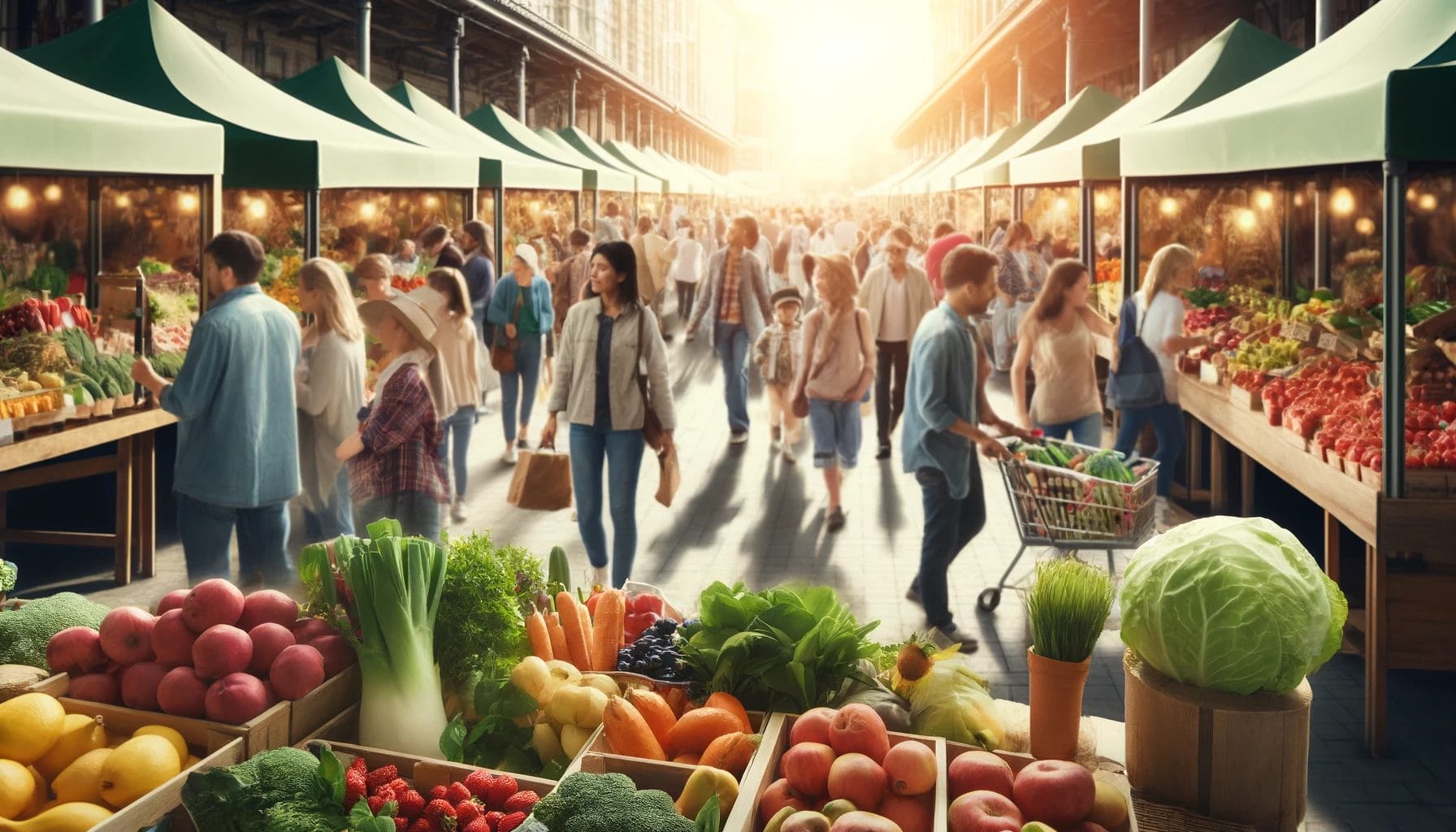 a bustling farmer's market with people shopping for fresh, seasonal produce. The market is lively and colorful.
