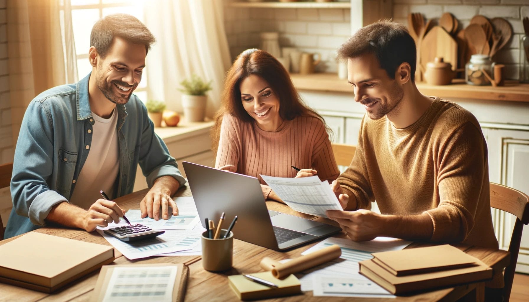 A family sitting at a kitchen table, working together on a budget with a laptop.