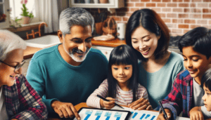 a family gathered around a kitchen table, with papers and a digital tablet displaying colorful budget graphs and a calculator.