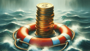  a lifebuoy in the form of a coin or a stack of coins floating on water, signifying the emergency fund as a lifesaver in times of financial distress. 