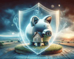 transparent piggy bank in the shape of a house, symbolizing financial security and the protection of one's home and savings.