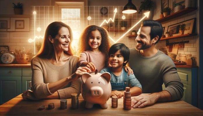 A warm, inviting image of a family gathered around a kitchen table, with a piggy bank in the center, as they place coins inside it.