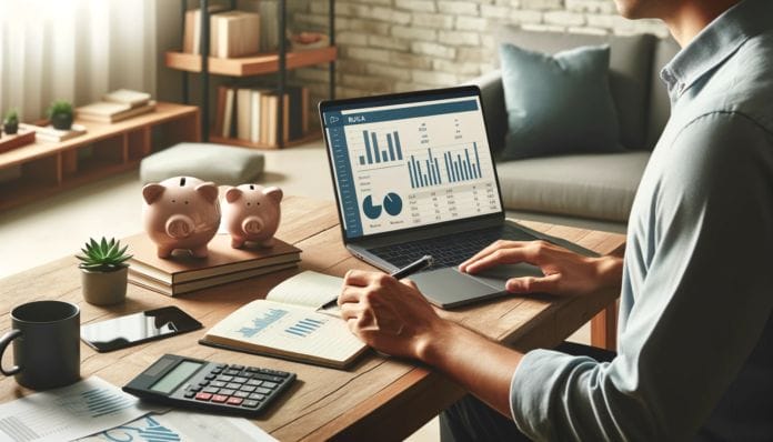 An individual thoughtfully creating a financial plan at a home office desk.