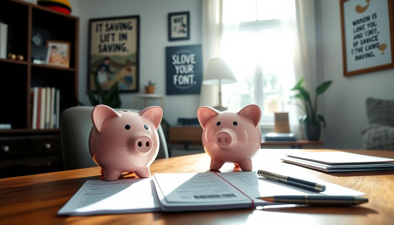 A cozy home office, the morning light filtering through the window, illuminating a neat workspace. On the desk, a piggy bank stands proudly, symbolizing a growing emergency fund. Beside it, a stack of papers and a pen, meticulously organized, conveying a sense of financial discipline. The walls are adorned with inspirational artwork, reflecting the homeowner's determination to achieve their short-term financial goals. The room exudes a sense of calm and focus, a testament to the strategic approach to savings and personal finance management.