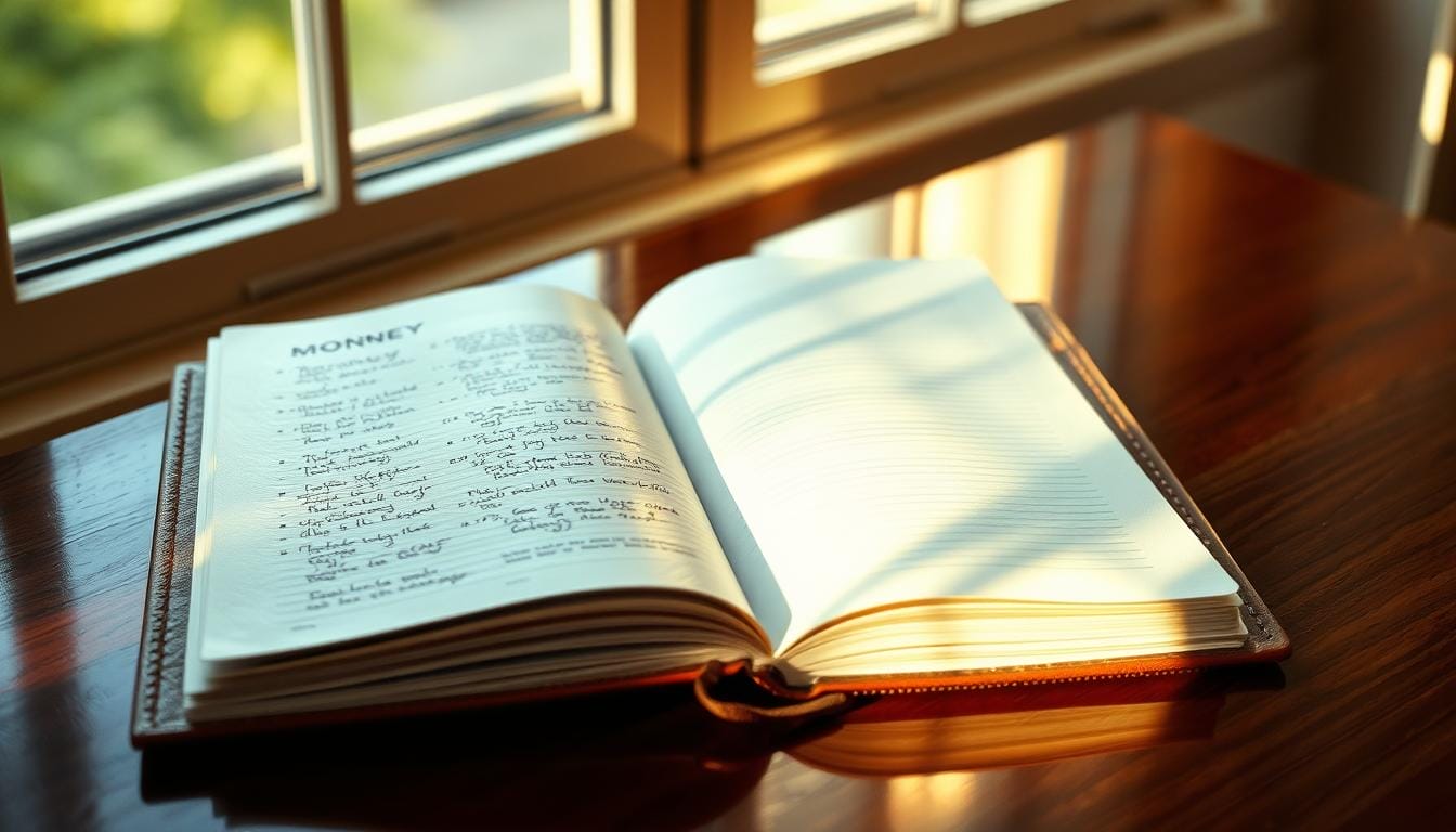 A serene and reflective scene of a money journal resting on a wooden surface, its pages open and inviting. The journal's cover is made of rich, textured leather, catching the warm, diffused light from a window in the background. The journal's reflection is mirrored on the smooth, polished surface, creating a sense of depth and contemplation. Delicate shadows dance across the pages, hinting at the personal narratives they may contain. The overall atmosphere is one of thoughtful introspection, guiding the viewer towards a deeper understanding of their financial mindset and journey.