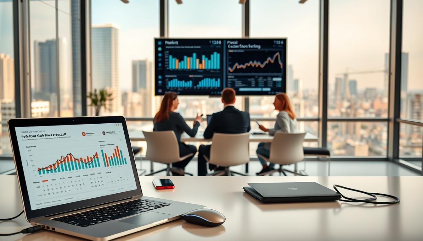 A bright, modern office scene showcasing technology integration for finance. In the foreground, a laptop displays a detailed cash flow forecast, surrounded by a sleek, minimalist desk setup including a tablet, smartphone, and wireless mouse. The middle ground features a wall-mounted monitor displaying financial charts and graphs, with a team of three professionals collaborating around a conference table. The background portrays floor-to-ceiling windows overlooking a bustling cityscape, bathed in warm, natural lighting. The overall atmosphere conveys efficiency, transparency, and a data-driven approach to improved cash flow forecasting.