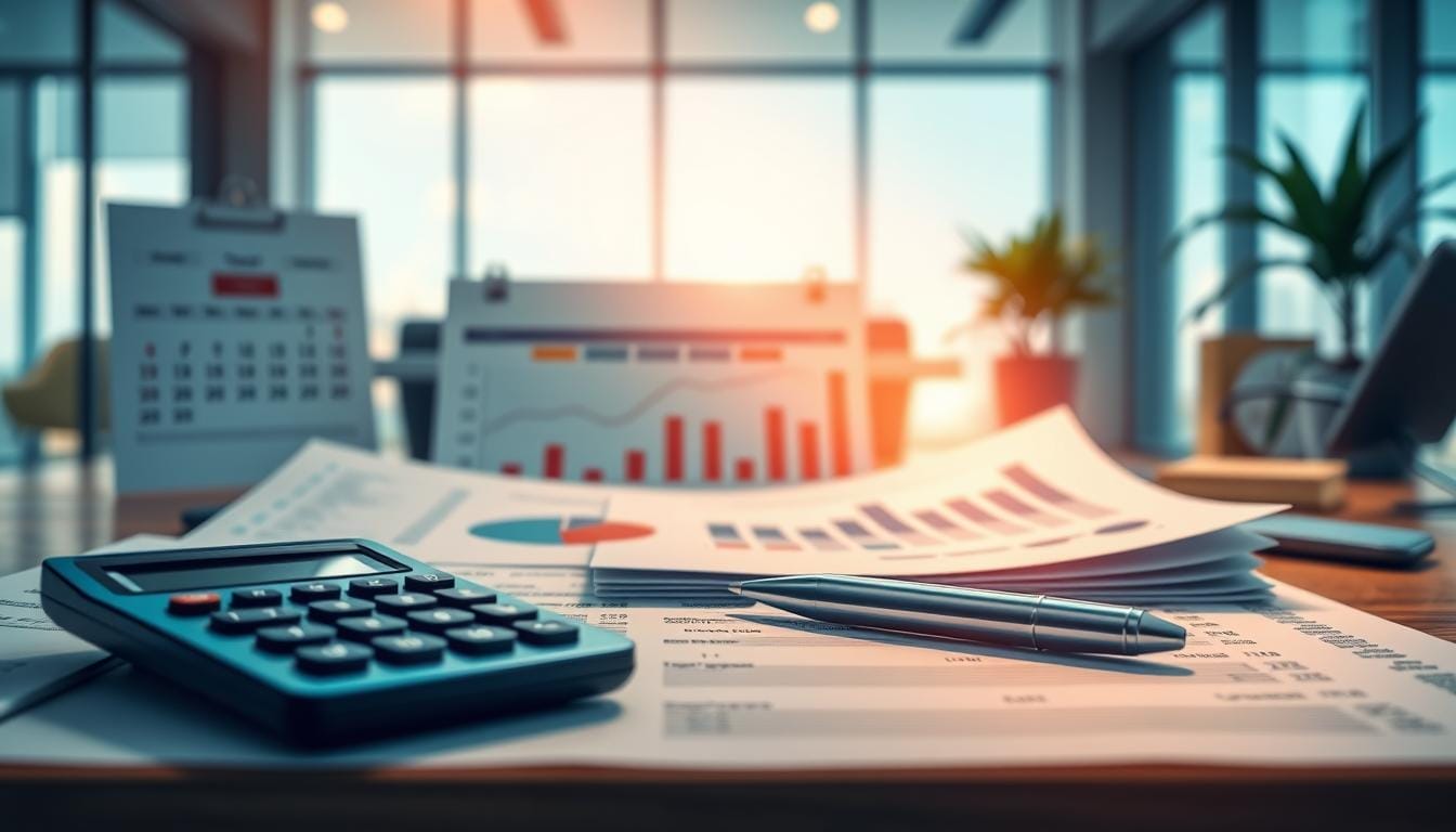 A crisp, detailed illustration of cash inflow forecasting. In the foreground, a calculator, pen, and financial documents convey the analytical process. The middle ground features a calendar, pie charts, and line graphs, visualizing projected income streams. The background showcases a modern office interior with large windows, allowing natural light to bathe the scene in a warm, productive glow. The overall mood is one of careful planning, financial acumen, and a sense of stability - essential ingredients for securing a reliable cash flow. Rendered in a realistic, high-definition style with a shallow depth of field, this image will serve as an informative and visually compelling representation of the "Step 2: Estimate Future Cash Inflows" section.