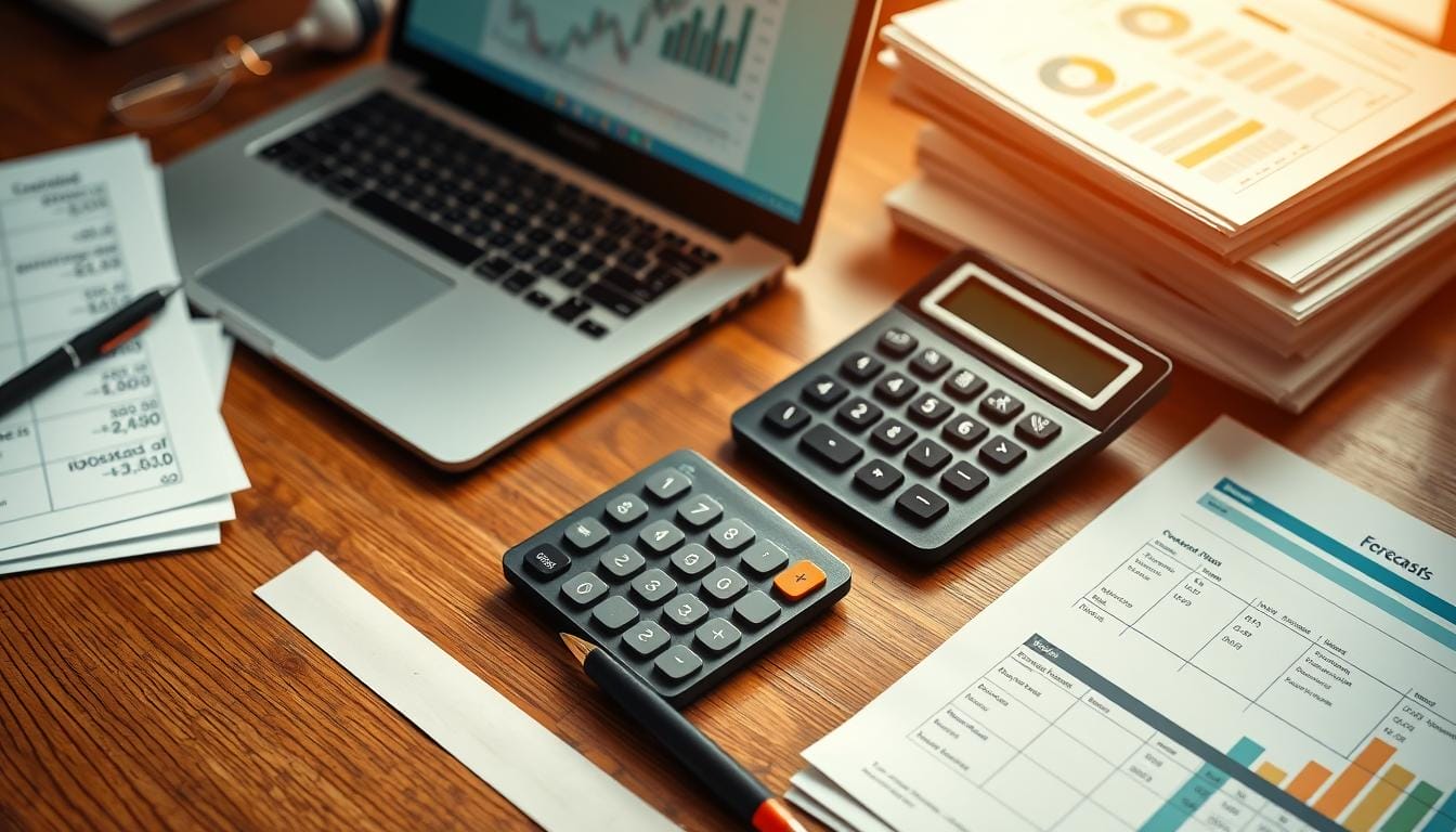 A detailed and visually striking image of accurate cash flow tools, showcasing a well-organized workspace with a laptop, calculator, and various financial documents neatly arranged on a wooden desk. The scene is bathed in warm, directional lighting, creating a focused and professional atmosphere. The camera angle is slightly elevated, providing a comprehensive view of the tools and materials used for effective cash flow forecasting. The overall composition emphasizes the importance of meticulous financial planning and the practical tools required to achieve it.