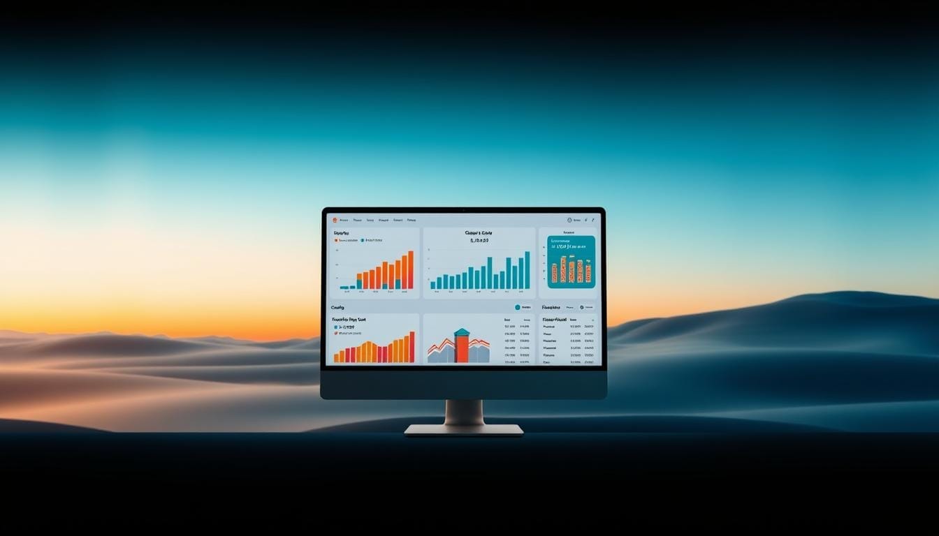 A detailed, well-organized cash flow forecasting dashboard set against a clean, minimalist backdrop. In the foreground, an intuitive interface with interactive charts, graphs, and data visualizations, illuminated by warm, directional lighting that creates depth and emphasis. The middle ground features a sleek, modern computer display, while the background showcases a serene, gradient-based landscape, conveying a sense of clarity and focus. The overall mood is one of efficiency, control, and strategic foresight, perfectly suited to illustrate the importance of cash flow forecasting.
