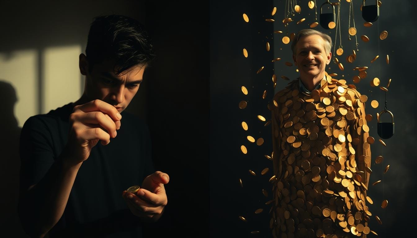 A dimly lit room, the contrast between scarcity and abundance evident. On the left, a figure clutches a single coin, eyes filled with worry and desperation. On the right, another figure stands amidst a shower of gold coins, a serene expression on their face, radiating a sense of abundance and prosperity. The lighting casts shadows, emphasizing the divide between the two mindsets. In the background, a hazy, dreamlike quality, suggesting the subjective nature of these opposing perspectives on wealth and security.