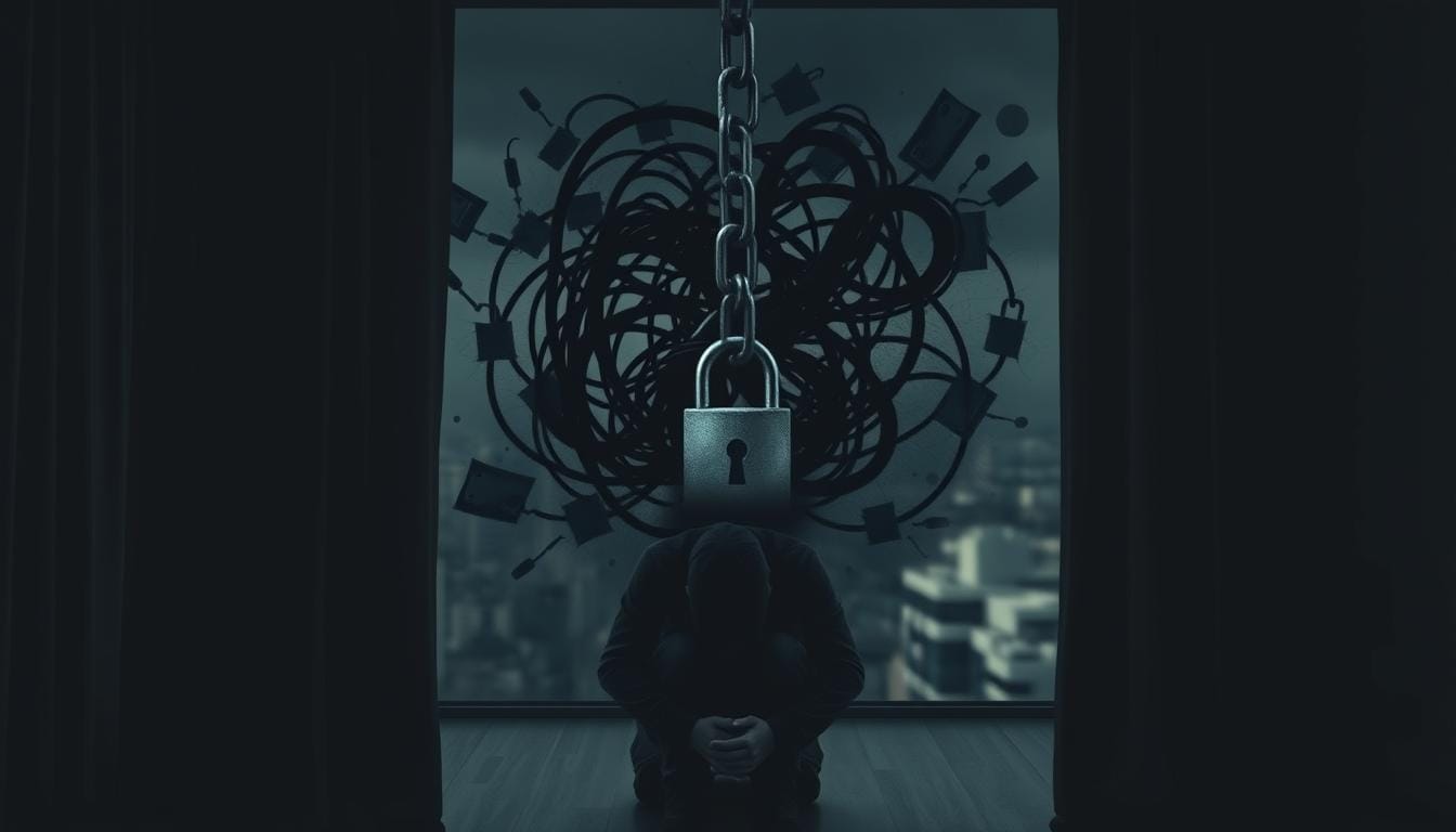 A gloomy, dimly lit room with heavy curtains and a sense of confinement. In the foreground, a person sits hunched over, their head in their hands, overwhelmed by a swirling vortex of negative thoughts and self-doubt, represented by a tangle of dark, shadowy shapes. In the middle ground, a heavy chain with a padlock looms, symbolizing the restrictive grip of limiting money beliefs. The background is filled with a hazy, blurred cityscape, conveying a sense of isolation and disconnect from the outside world. The overall mood is one of hopelessness and despair, reflecting the debilitating impact of these beliefs on an individual's financial growth and well-being.