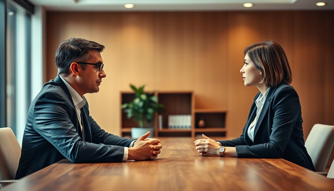 A modern conference room with a large, wooden table. Two business people, a man and a woman, are seated across from each other, engaged in a serious discussion. The man is dressed in a sharp suit, leaning forward with his hands clasped, while the woman is wearing a blouse and blazer, her expression thoughtful. Warm, directional lighting illuminates their faces, casting soft shadows. The background is blurred, with a bookshelf and potted plant visible, conveying a professional, corporate atmosphere. The overall mood is one of negotiation and collaboration, as the two individuals work to find a mutually beneficial agreement.