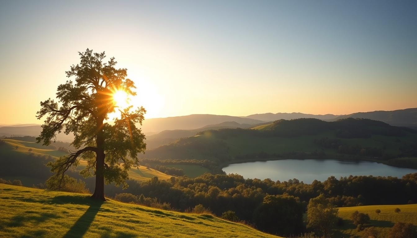 A serene landscape of lush greenery and rolling hills, symbolizing the patient growth of long-term investments. In the foreground, a sturdy oak tree stands tall, its branches reaching towards the sky, representing the steady progress of wealth accumulation. The middle ground features a tranquil pond, its still waters reflecting the surrounding scenery, suggesting the calm and stable nature of a well-managed portfolio. In the distance, the sun bathes the scene in a warm, golden glow, illuminating the path to financial prosperity. The overall composition conveys a sense of harmony, stability, and the enduring power of a disciplined investment mindset.
