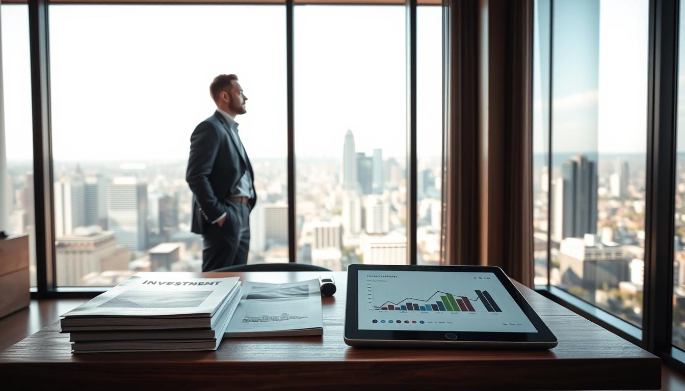 A serene, modern office with floor-to-ceiling windows overlooking a picturesque cityscape. In the foreground, a wooden desk displays investment strategy books, graphs, and a tablet showcasing real estate data. Behind it, a well-dressed professional stands, deep in contemplation, gazing out the window. Soft, natural lighting filters through, casting a warm, pensive atmosphere. The room is minimalist yet sophisticated, reflecting the measured, thoughtful approach of a seasoned investor. A sense of wisdom, experience, and strategic foresight permeates the scene.