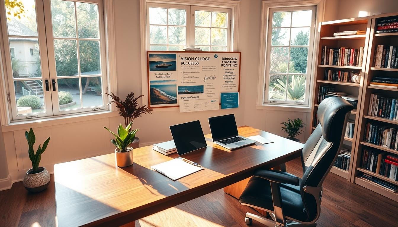 A serene, sun-drenched room with large windows overlooking a tranquil garden. In the center, a well-appointed wooden desk with a laptop, a succulent plant, and a set of business documents. Beside it, an ergonomic leather chair and a vision board adorned with images of financial success, luxury vacations, and inspirational quotes. The walls are lined with bookshelves filled with self-help and business strategy books. Soft, indirect lighting casts a warm glow throughout the space, creating an atmosphere of focused productivity and wealth-building mindset. The overall scene conveys a sense of intentionality, discipline, and an unwavering commitment to personal and financial growth.
