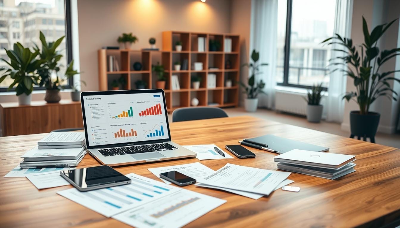 A sleek, modern office interior with a large wooden desk featuring an array of digital devices and tools. In the foreground, a laptop, tablet, and smartphone are arranged neatly, surrounded by financial documents and graphs. The middle ground showcases intuitive cash flow management software displayed on the laptop screen, with colorful charts and analytics visualizations. In the background, a minimalist bookshelf and potted plants create a serene, productive atmosphere, illuminated by warm, natural lighting from large windows. The overall scene conveys efficiency, organization, and the seamless integration of technology into financial planning and analysis.