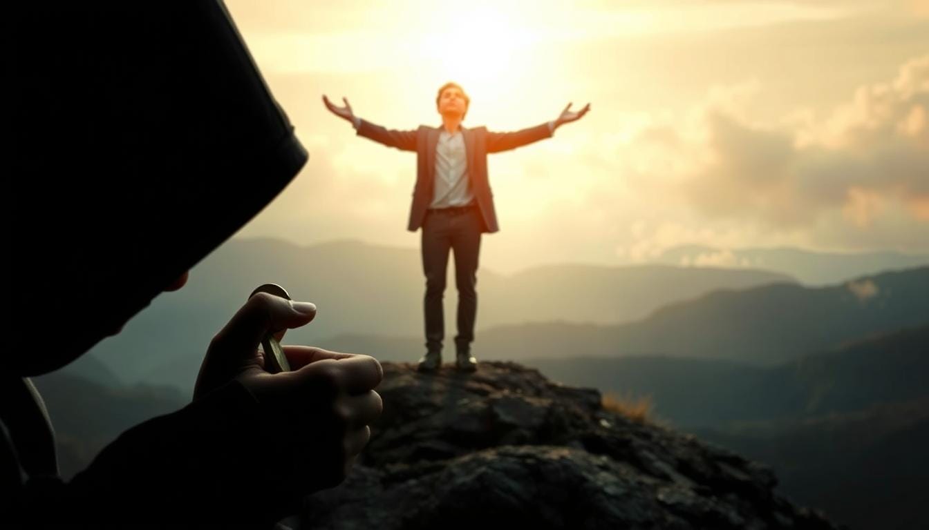 A surreal scene depicting the contrast between a scarcity mindset and an abundance mindset. In the foreground, a figure shrouded in shadows clutches a small coin, their expression anxious and closed off. In the middle ground, another figure stands tall, radiating an aura of confidence and openness, their hands outstretched, palms facing upwards. The background is a dreamlike landscape, with a warm, golden light suffusing the scene, symbolizing the abundance and prosperity that comes with an abundance mindset. The composition is balanced, with the two figures positioned in a way that highlights their contrast. The lighting is soft and directional, creating a sense of depth and drama. The overall mood is one of introspection and the transformative power of shifting one's perspective on wealth and success.