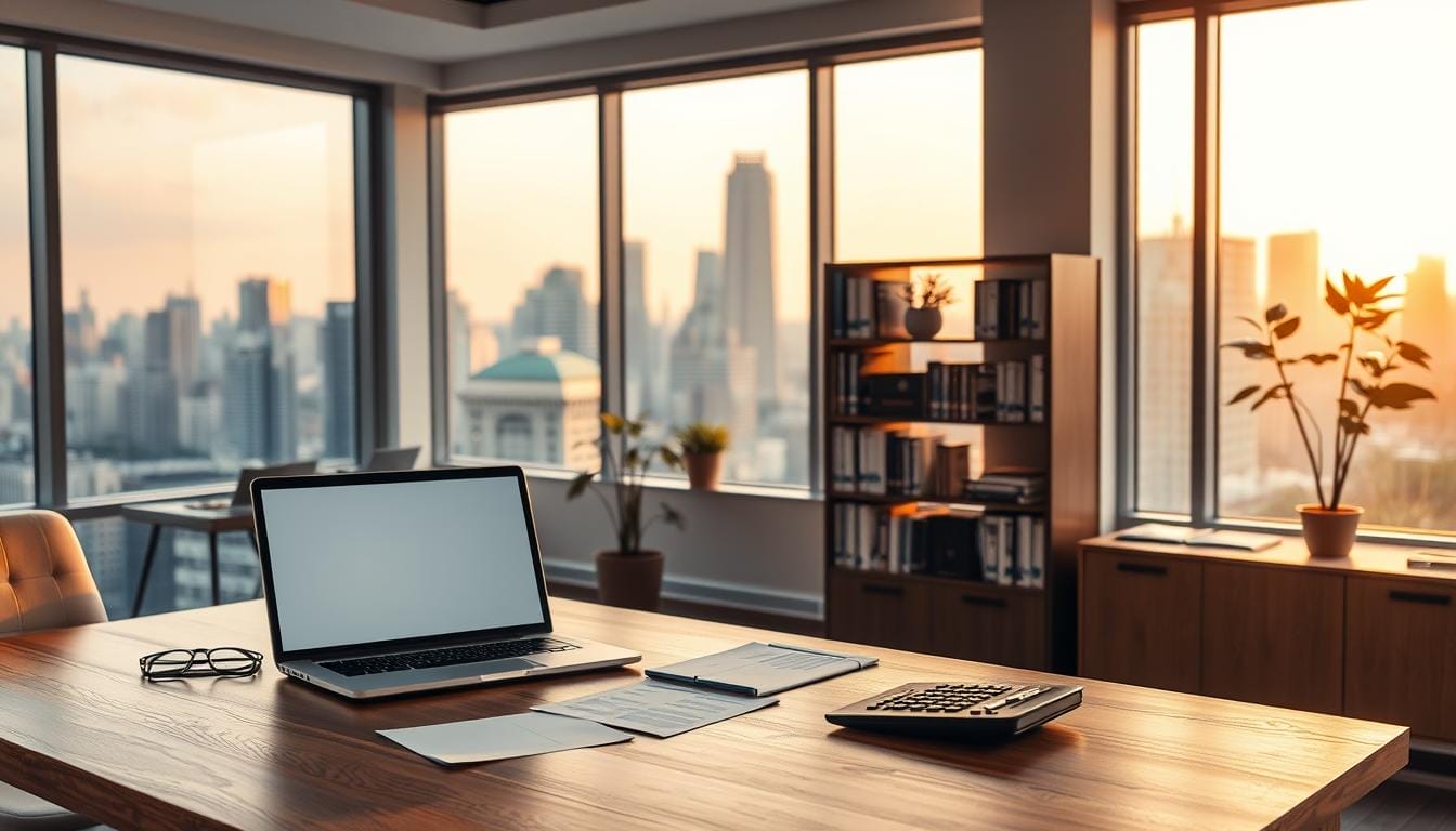A well-lit office interior with a modern, minimalist aesthetic. In the foreground, a wooden desk with a laptop, calculator, and a few neatly organized papers. In the middle ground, a bookshelf filled with finance-related books and a potted plant. The background features large windows overlooking a bustling city skyline, bathed in warm, golden-hour lighting. The overall mood is one of productivity, organization, and financial stability.