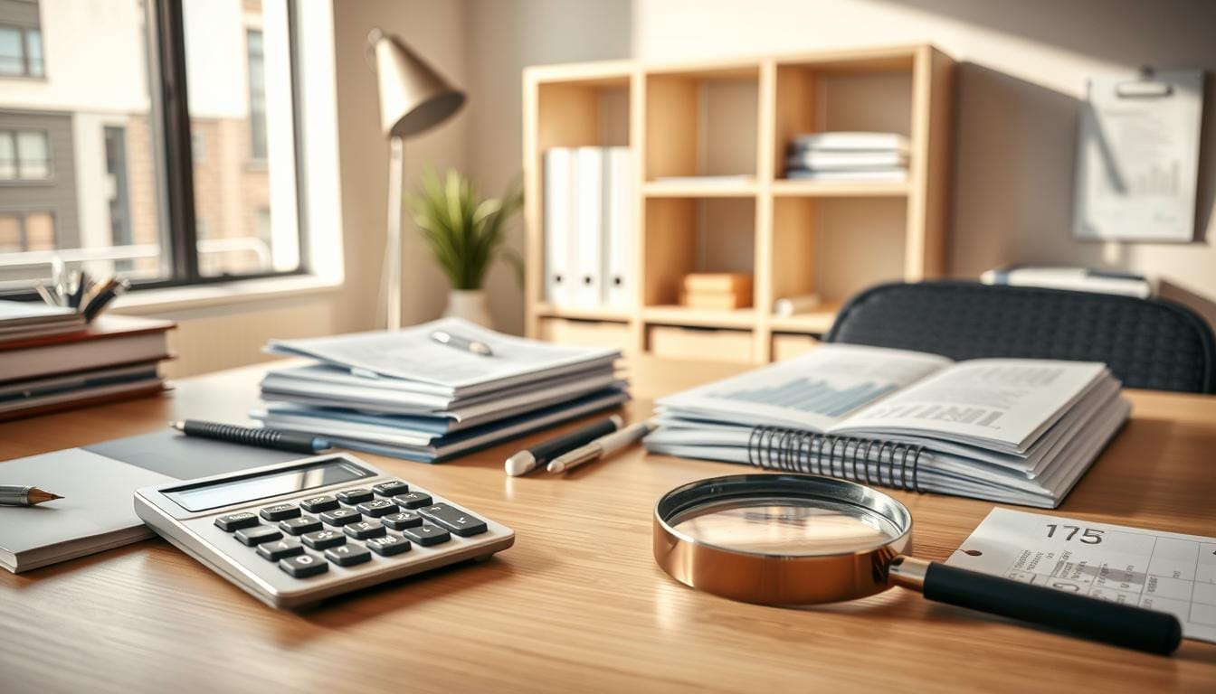 A well-organized office desk with a variety of modern cash management tools, including a calculator, a digital accounting ledger, and a magnifying glass for detailed financial analysis. The workspace is bathed in warm, natural lighting, creating a productive and focused atmosphere. In the background, a minimalist bookshelf holds financial publications and reference materials, suggesting a deep understanding of money management principles. The overall scene conveys a sense of efficiency, organization, and a commitment to making informed financial decisions.