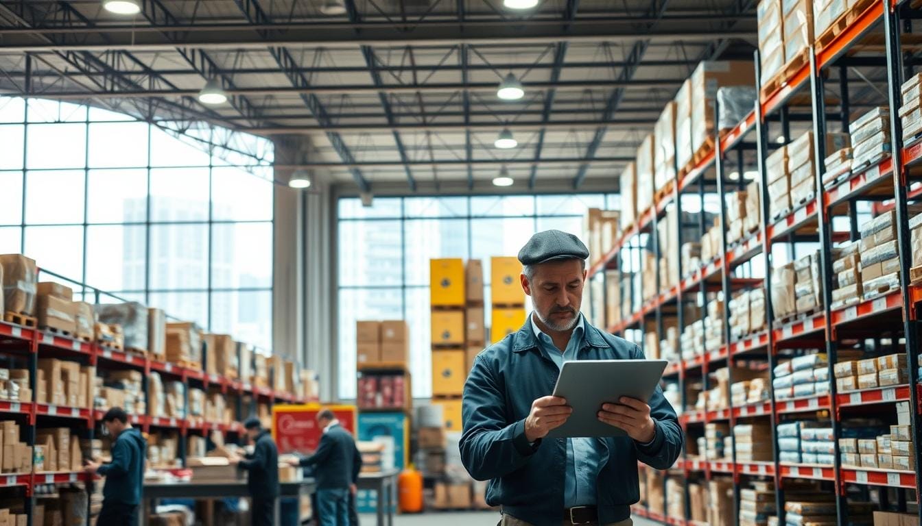 A well-organized warehouse interior with rows of shelves stocked with various products. Bright, even lighting from overhead fixtures casts a warm glow, highlighting the efficient flow of inventory. In the foreground, a team of workers diligently count and organize items, their faces focused on the task at hand. In the middle ground, a manager reviews digital inventory reports on a tablet, monitoring trends and identifying areas for growth. The background features a large window overlooking a bustling cityscape, symbolizing the connection between effective inventory management and business expansion.