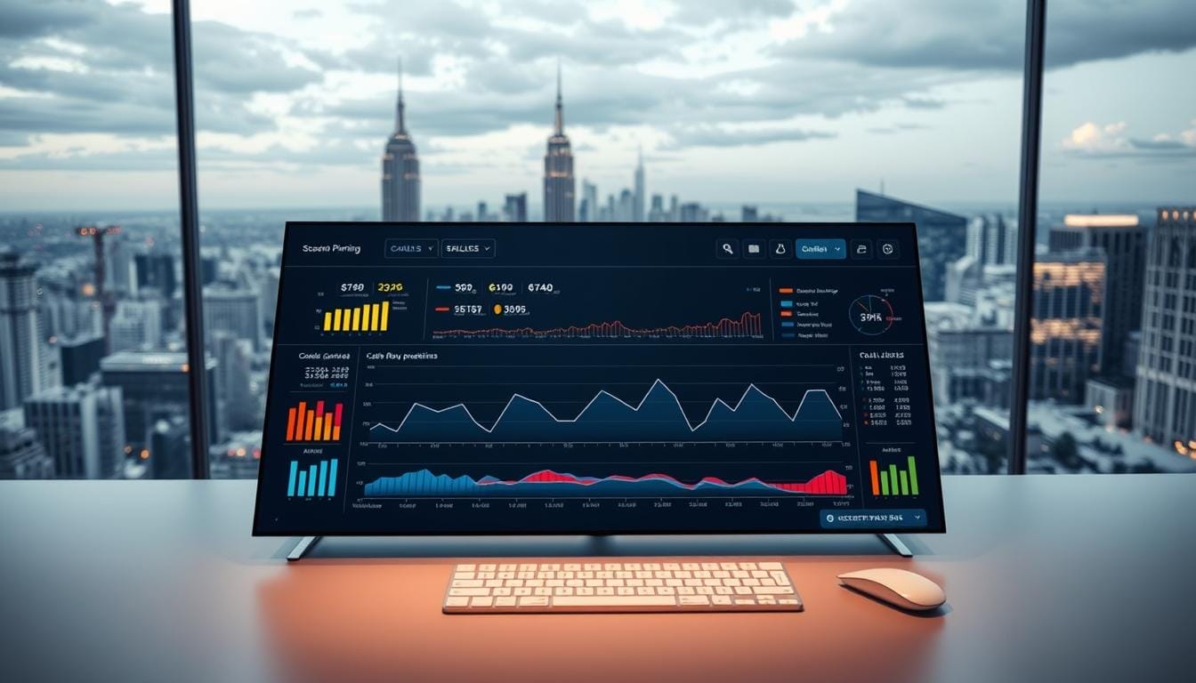 Scenario planning dashboard: a sleek, high-tech interface displaying key financial metrics, cash flow projections, and interactive visualizations. In the foreground, a clean, minimalist dashboard with intuitive controls and dynamic charts. The middle ground features a detailed timeline of cash flow trends, color-coded to highlight areas of concern. In the background, a panoramic view of a bustling city skyline, conveying a sense of financial power and growth. Soft, directional lighting illuminates the dashboard, creating depth and highlighting the data. Captured through a wide-angle lens, the scene exudes a sense of confidence and mastery over financial planning.
