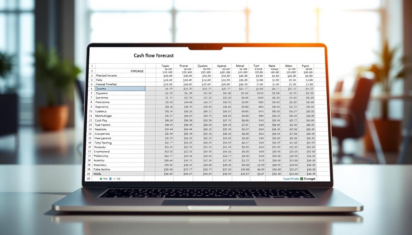 A detailed cash flow forecast spreadsheet with neatly organized rows and columns, displayed on a sleek, metallic laptop against a blurred backdrop of a modern, minimalist office. The spreadsheet showcases various financial data such as projected income, expenses, and net cash flow, presented in a clean, easy-to-understand format. The laptop is illuminated by warm, natural lighting, casting a soft glow on the screen and creating a sense of professionalism and productivity. The overall scene conveys a sense of financial planning, organization, and control, reflecting the essence of cash flow forecasting.