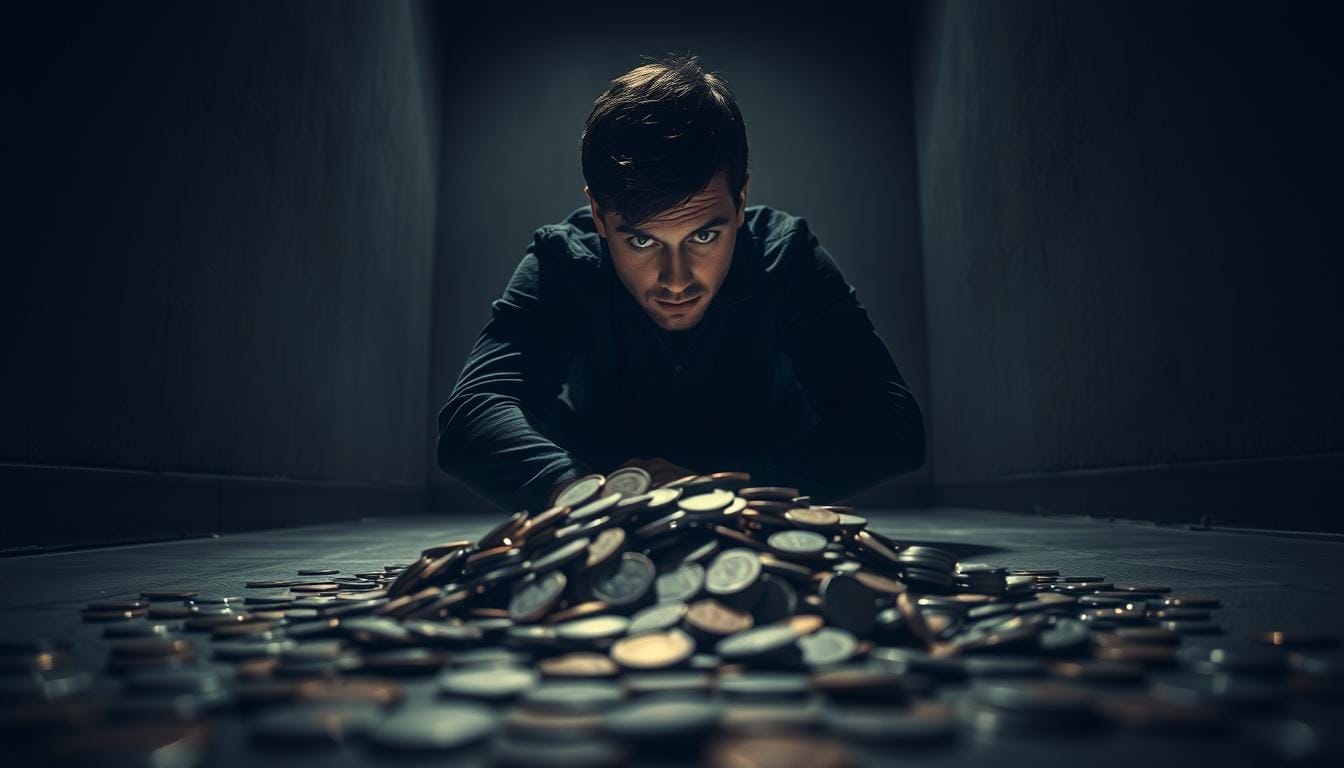 A dimly lit room, the walls closing in, a sense of constriction and unease. In the center, a person sits hunched, surrounded by a shrinking pile of coins, their gaze anxious and fixated. The lighting is harsh, creating deep shadows that accentuate the feeling of scarcity and lack. The perspective is low, emphasizing the oppressive atmosphere and the individual's sense of being trapped. The background is a blur of muted tones, further highlighting the subject's isolation and the weight of their limiting financial beliefs.