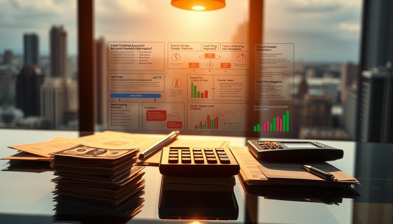 A high-contrast, cinematic image of various cash flow optimization strategies. In the foreground, a stack of dollar bills and a calculator sit on a sleek, glass-topped desk. Overhead, a carefully-angled spotlight casts dramatic shadows, highlighting the financial documents and graphs surrounding the desk. In the middle ground, a series of colorful flowcharts and diagrams depict cash flow management techniques like inventory control, accounts receivable optimization, and cost-cutting measures. The background is a blurred cityscape, conveying a sense of the broader economic landscape. The overall mood is one of strategic focus, efficiency, and financial discipline.