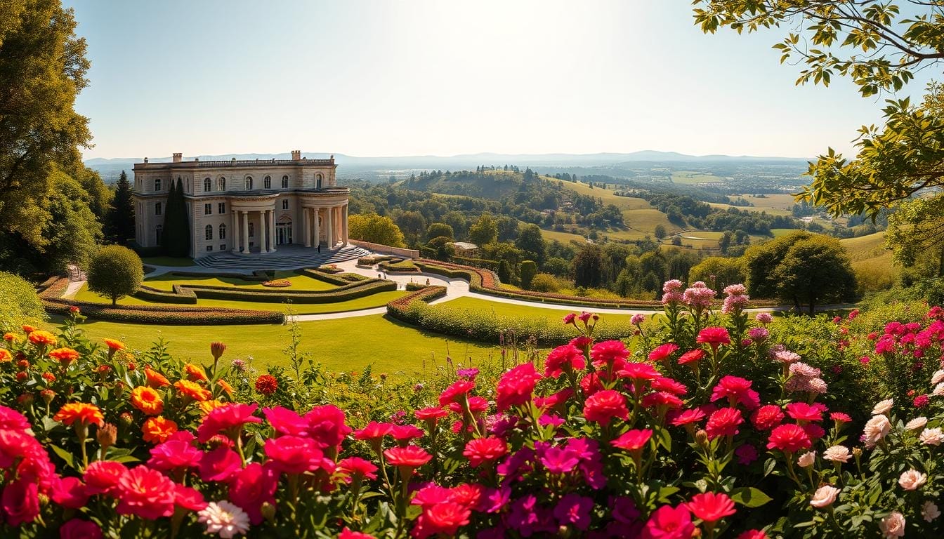 A panoramic view of a serene, sun-drenched landscape. In the foreground, a well-manicured garden overflows with vibrant flowers and lush greenery. The middle ground features a grand, stately mansion with gleaming windows and ornate architectural details, bathed in warm, golden light. In the background, rolling hills stretch out to the horizon, dotted with clusters of majestic trees. The overall atmosphere exudes a sense of tranquility, prosperity, and a deep connection to the natural world. A wide-angle lens captures the scene, conveying a feeling of abundance, peace, and a mindset of wealth and affluence.
