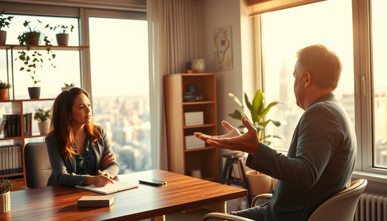A serene, sun-drenched office setting, with a wooden desk and shelves adorned with plants and motivational books. In the foreground, a confident person, dressed in professional attire, gesturing animatedly while engaged in a one-on-one coaching session with a client. Warm, soft lighting illuminates the scene, creating a sense of comfort and trust. The background features a large window overlooking a picturesque cityscape, symbolizing the financial growth and success that can be achieved through empowerment coaching. The overall atmosphere conveys a feeling of empowerment, guidance, and the transformative power of personalized financial coaching.
