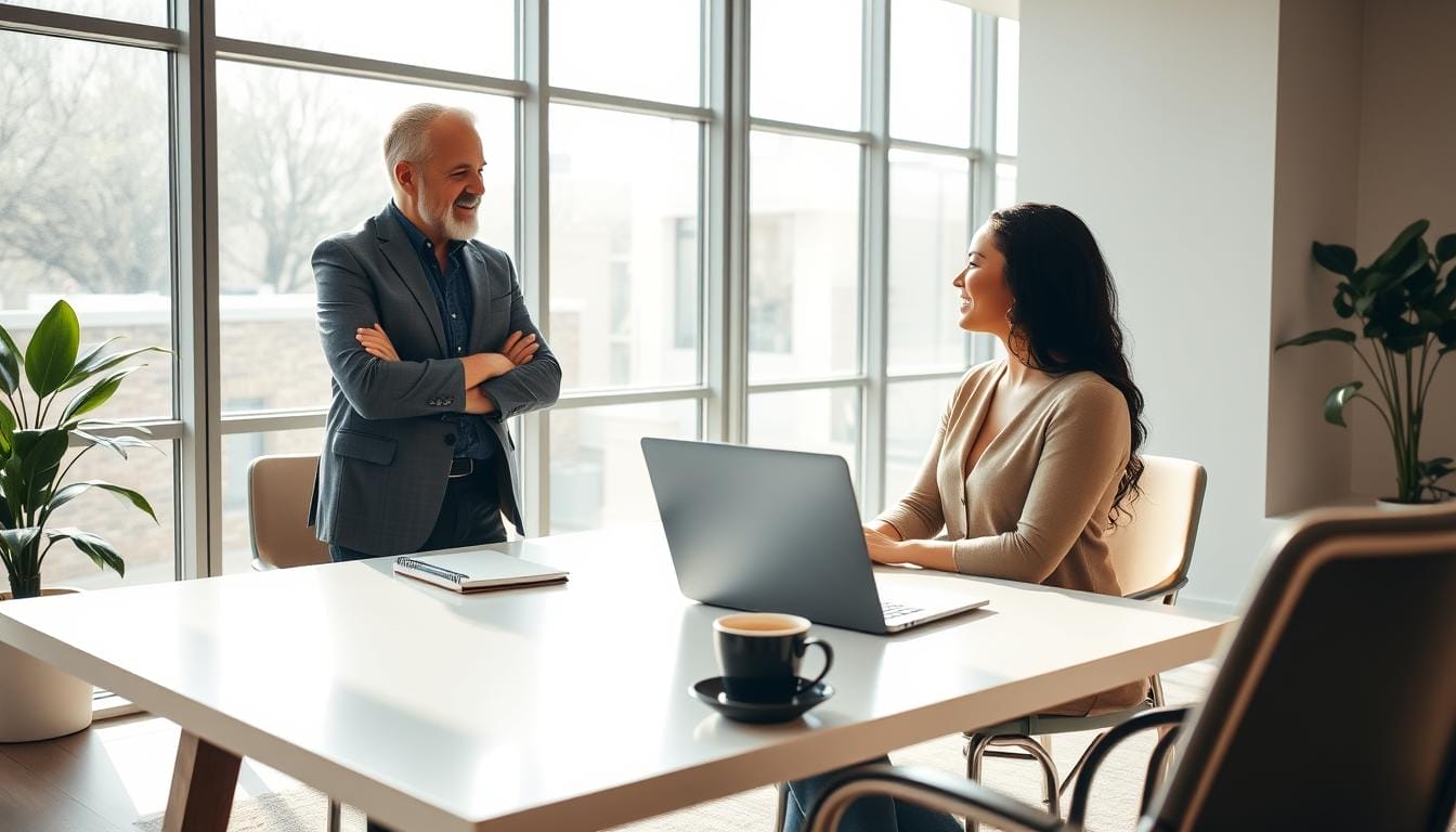 A warm, inviting financial empowerment session takes place in a modern, sunlit office. In the foreground, a confident coach engages with a client, their expressions animated as they discuss strategies for building wealth. The middle ground features a sleek, minimalist desk adorned with a laptop, notepad, and a cup of coffee, conveying a sense of productivity and focus. The background showcases floor-to-ceiling windows, allowing natural light to flood the space and create a serene, inspiring atmosphere. The overall scene reflects a harmonious blend of professionalism, guidance, and a commitment to financial empowerment.