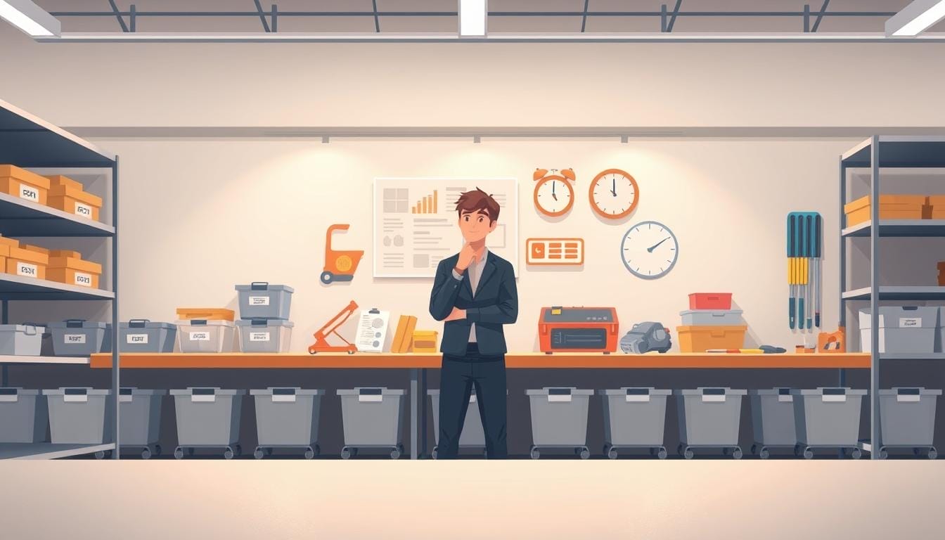 A well-lit, high-resolution illustration of the 5S session framework. In the foreground, a clean and organized workspace with labeled bins, shelves, and tools. The middle ground features a person in a thoughtful pose, surrounded by visual cues like a checklist and a timer. In the background, a serene, minimalist environment with soft lighting and muted colors, conveying a sense of focus and efficiency. The overall composition emphasizes the structured, methodical nature of the 5S framework, which stands for Sort, Set in Order, Shine, Standardize, and Sustain.