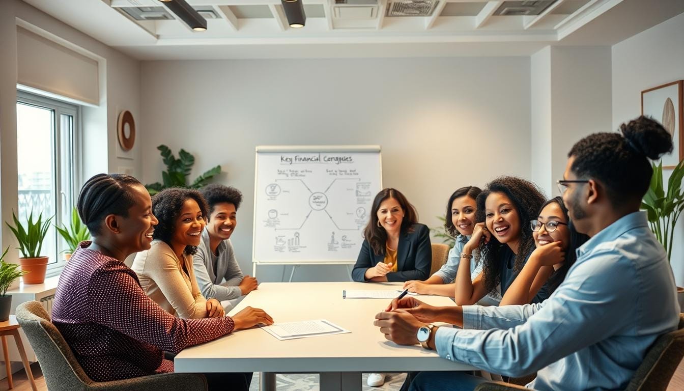 A well-lit, modern office setting with a cozy, inviting atmosphere. In the foreground, a group of diverse individuals seated around a rectangular table, engaged in a collaborative discussion. Their faces display a sense of focus and empowerment. Soft, directional lighting from overhead illuminates the scene, casting gentle shadows and highlighting the participants' expressions. In the middle ground, a whiteboard or digital display presents key financial concepts and strategies. The background features minimalist decor, such as potted plants and abstract wall art, creating a professional yet approachable environment. The overall tone conveys a sense of guidance, confidence, and financial enlightenment.