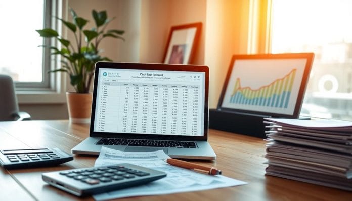 A serene, sunlit office setting with a wooden desk and a laptop showcasing a cash flow forecast spreadsheet. In the foreground, a calculator, pen, and a stack of financial documents provide a sense of financial analysis. The middle ground features a potted plant and a framed graph depicting historical cash flow data. The background softly blurs into a window overlooking a cityscape, conveying a sense of professional productivity and financial planning. Warm lighting casts subtle shadows, creating depth and a contemplative atmosphere. Captured with a medium-wide lens to provide a balanced, compositional frame.